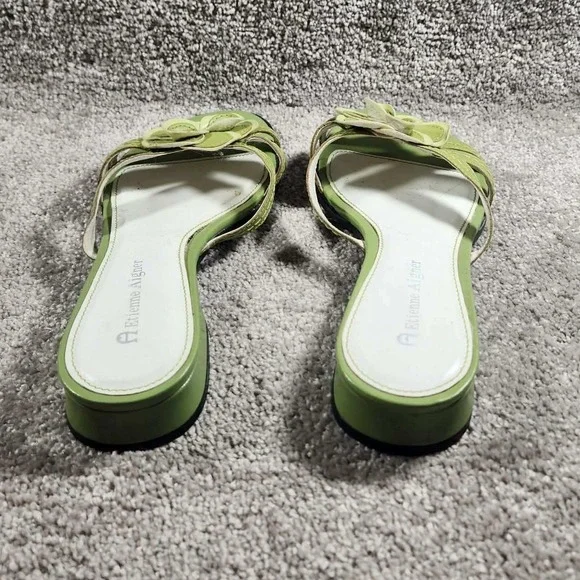 Etienne Aigner Helga Sandals Green Leather Floral Slide Low Block Heel Womens 7 - Picture 9 of 10